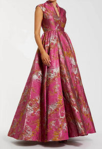 MAC DUGGAL Metallic Brocade Mandarin Collar V-Neck Gown in rasberry multi - women's dress