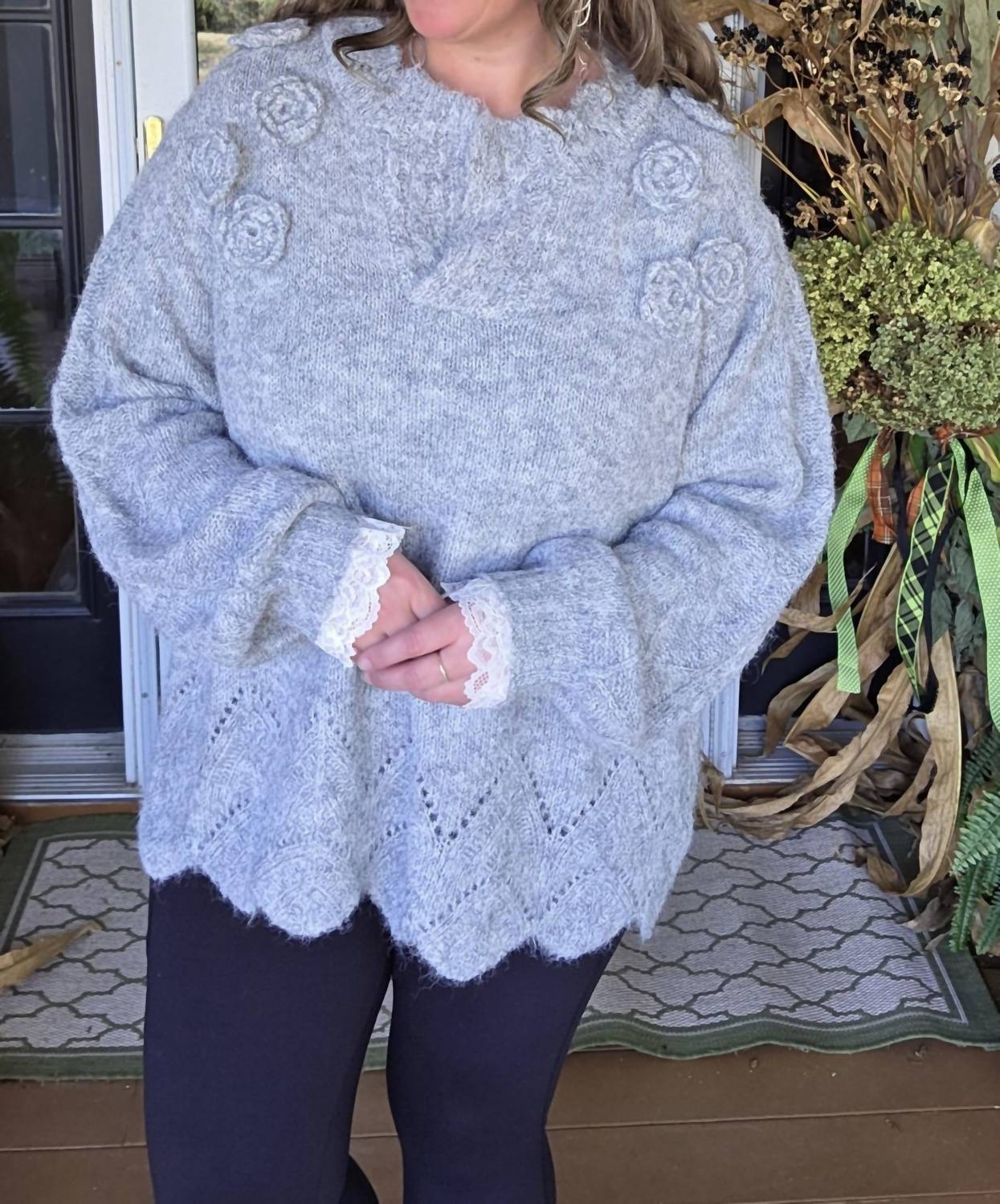 POL Floral Trim Sweater With Scallops And Lace Trim in heather grey - women's sweater - view 5