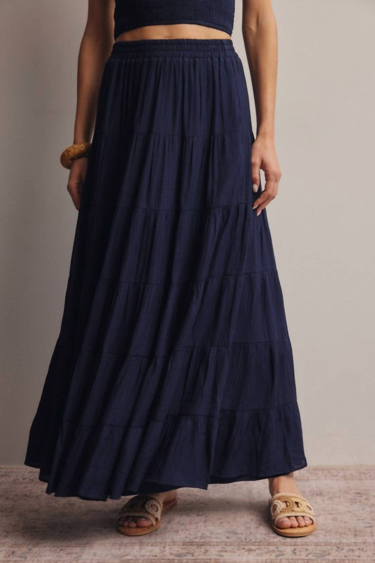 Forte Smocked Crop Top & Tiered Maxi Skirt Set in blue - women's skirt - view 5