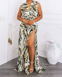 Surelymine - Abstract Print Maxi Dress Plunge Wrap Front With Slit