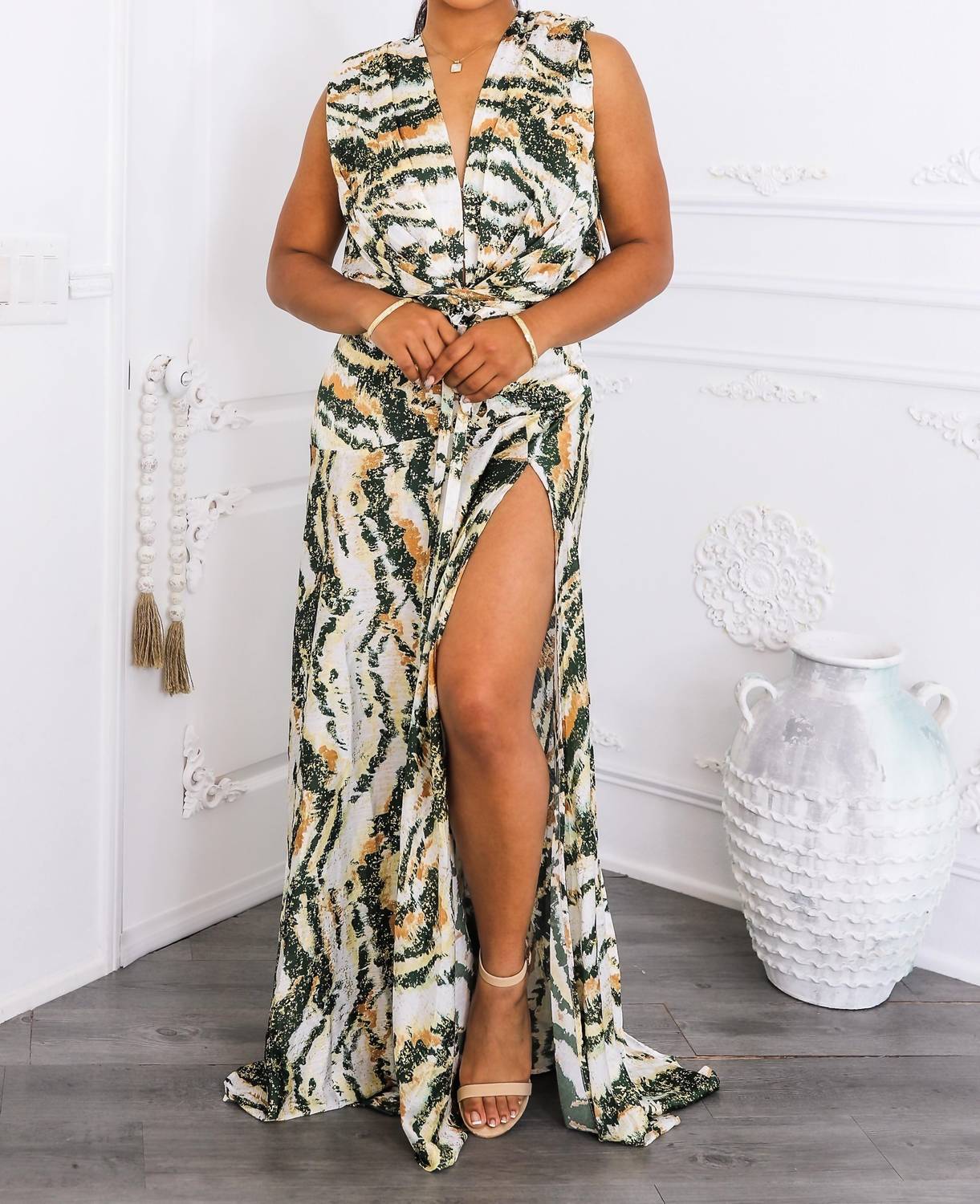 Surelymine - Abstract Print Maxi Dress Plunge Wrap Front With Slit