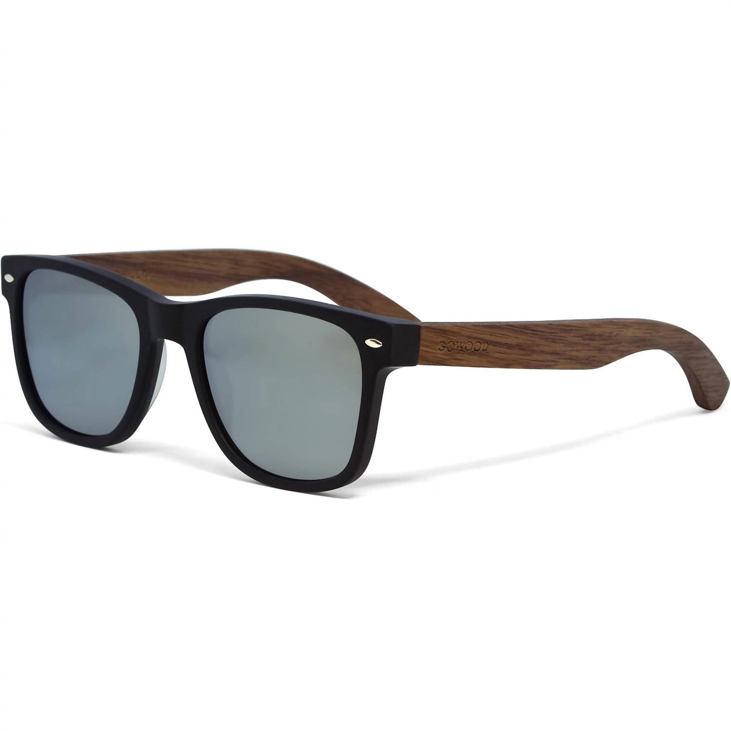 GOWOOD Men's Walnut Wood Mirrored Polarized Sunglasses in black brown - men's accessory - detail view