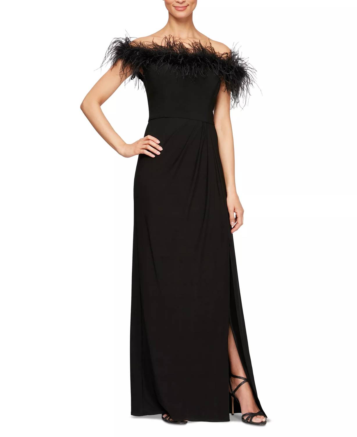 Alex Evenings - Long Off-the-shoulder Gown With Maribou Detail