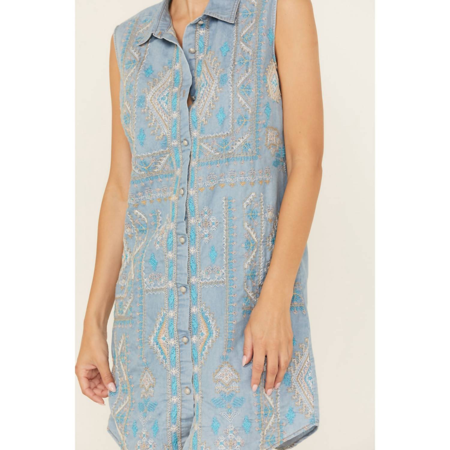 Scully - Embroidered Button Front Denim Mini Dress