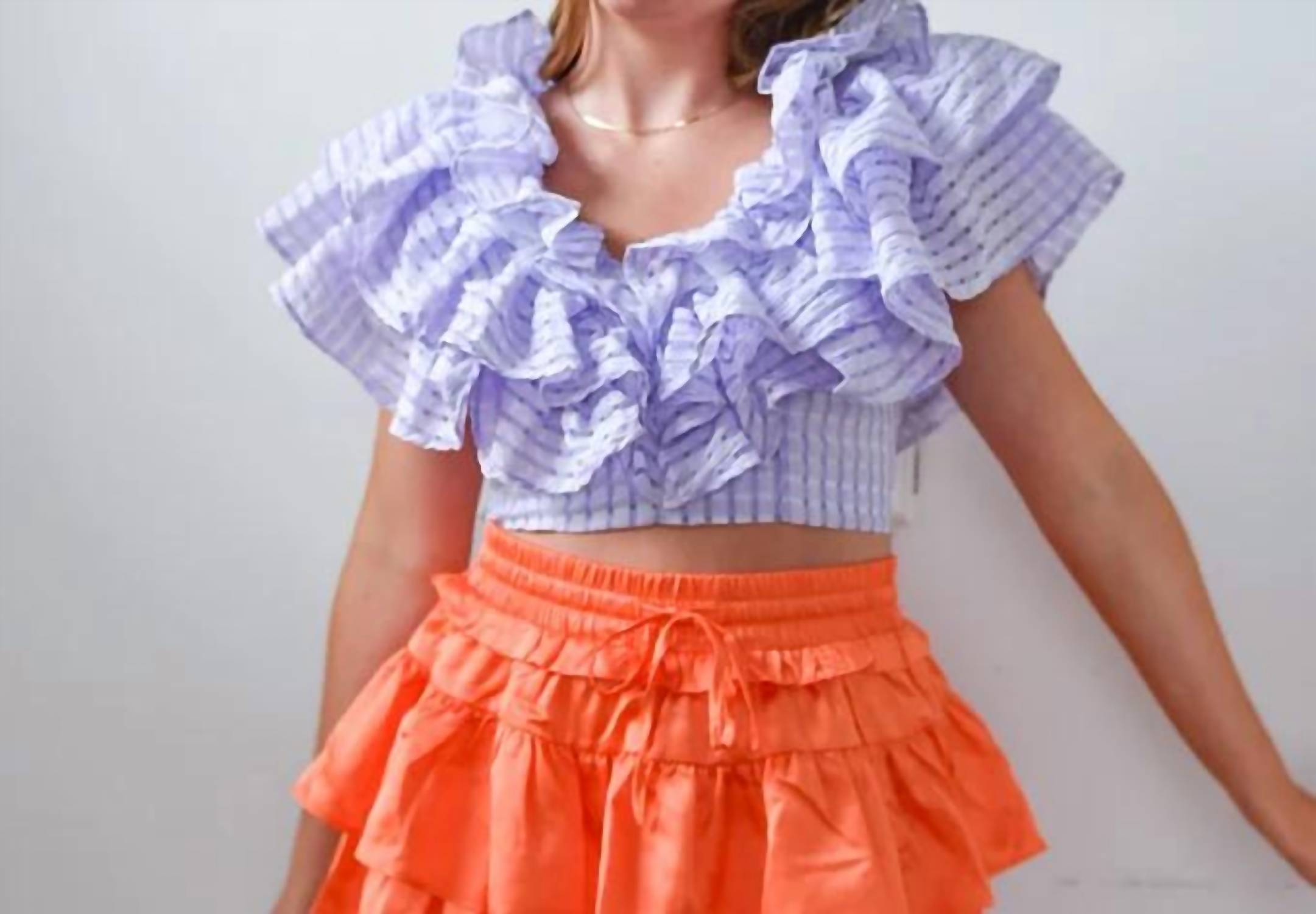 Klesis V Neckline Ruffle Tier Crop Top With Side Zipper in lavender - women's shirt