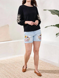 Tribal - Soutache Embroidered Boat Neck Puff Sleeve Top