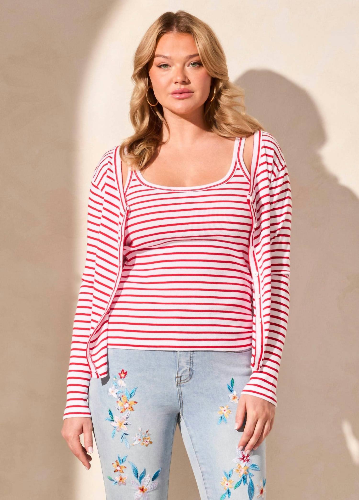 Tribal - Baby Rib Striped Scoop Neck Fitted Tank Top