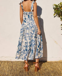 DRESS FORUM Shirred Fit And Flare Midi Dress in porcelain blue - women's dress - detail view