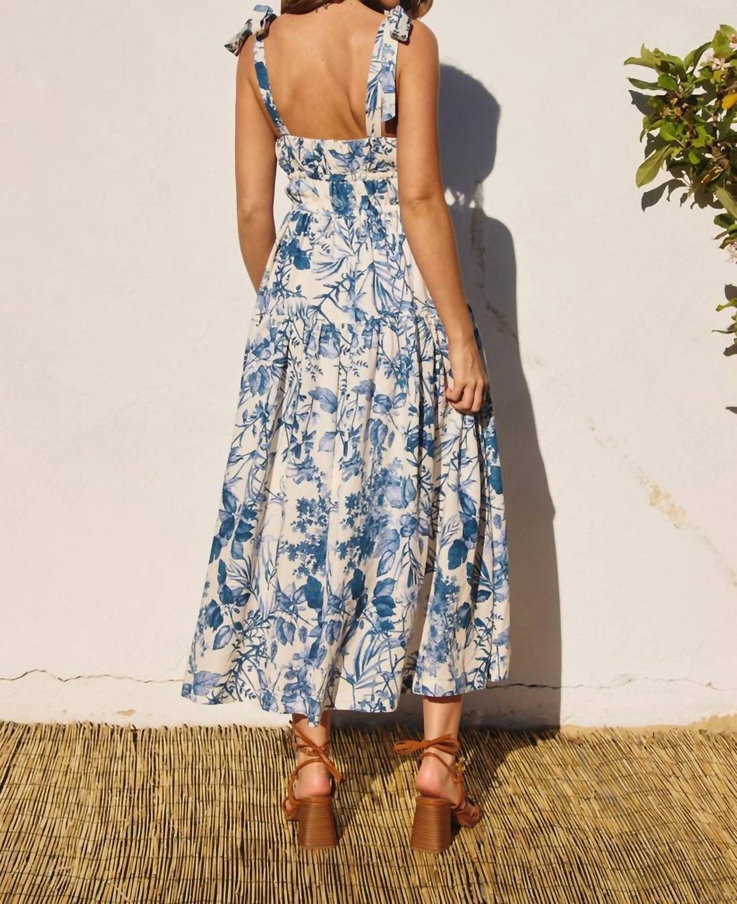 DRESS FORUM Shirred Fit And Flare Midi Dress in porcelain blue - women's dress - detail view