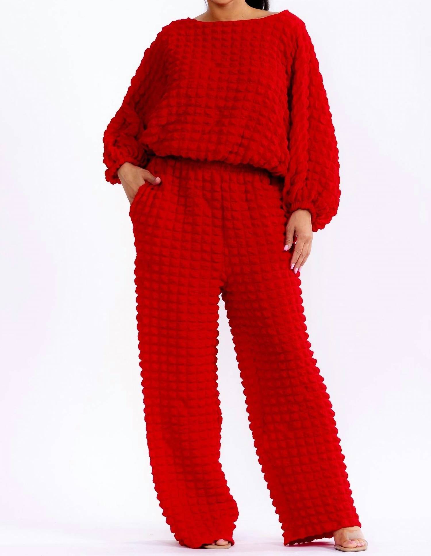 Karen T Design Relaxed-fit Top With Trendy Balloon Sleeves And Wide-leg Pants in red - women's sleepwear - detail view