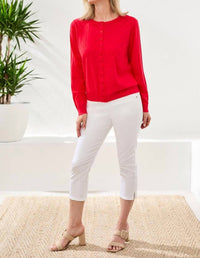TRIBAL Pointelle Knit Cardigan Sweater in red - women's cardigan - alternate view