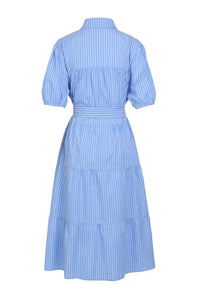 BEULAHSTYLE Women's Stripe Pattern Tiered Hem Belted Maxi Dress in blue - women's dress - detail view
