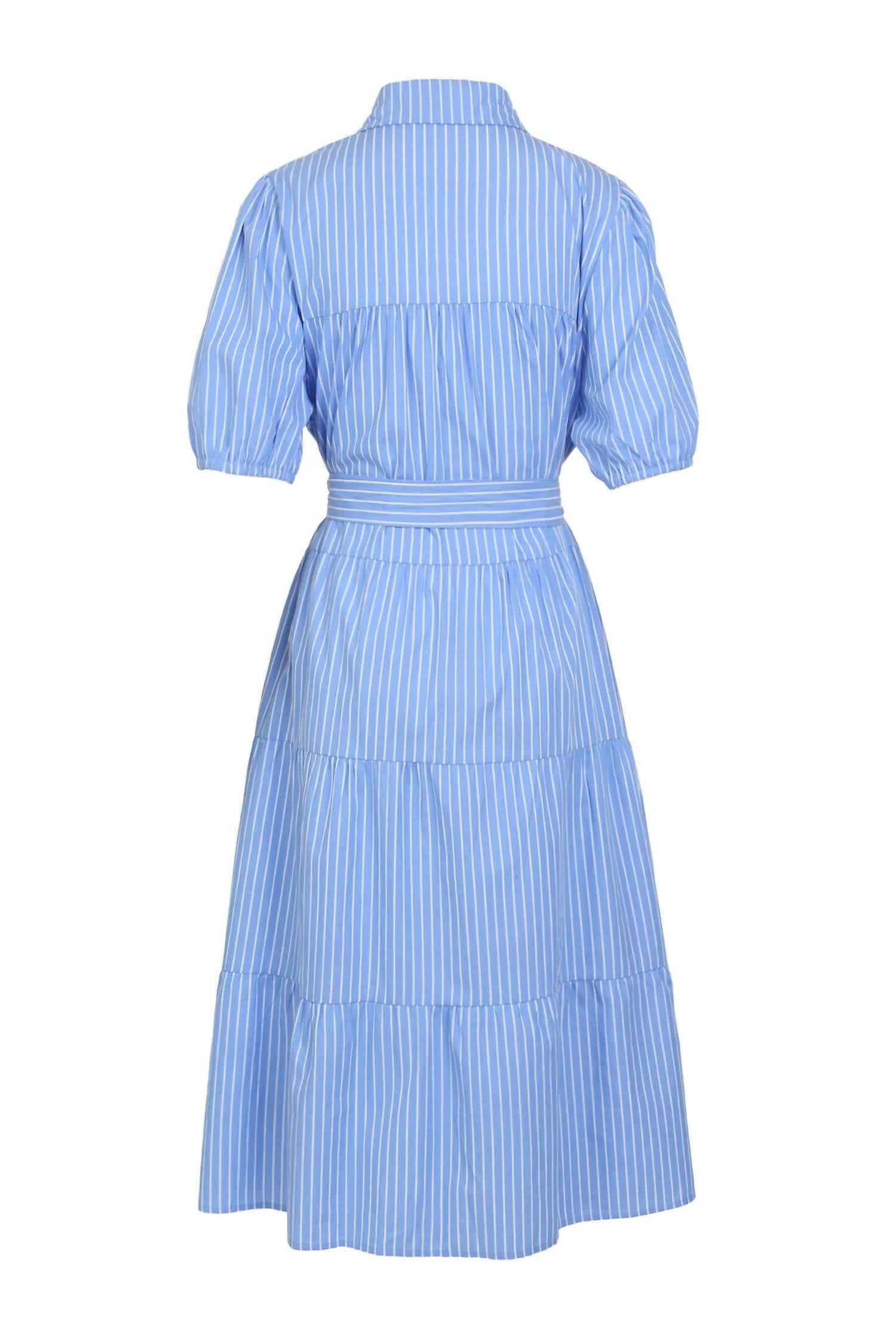BEULAHSTYLE Women's Stripe Pattern Tiered Hem Belted Maxi Dress in blue - women's dress - detail view