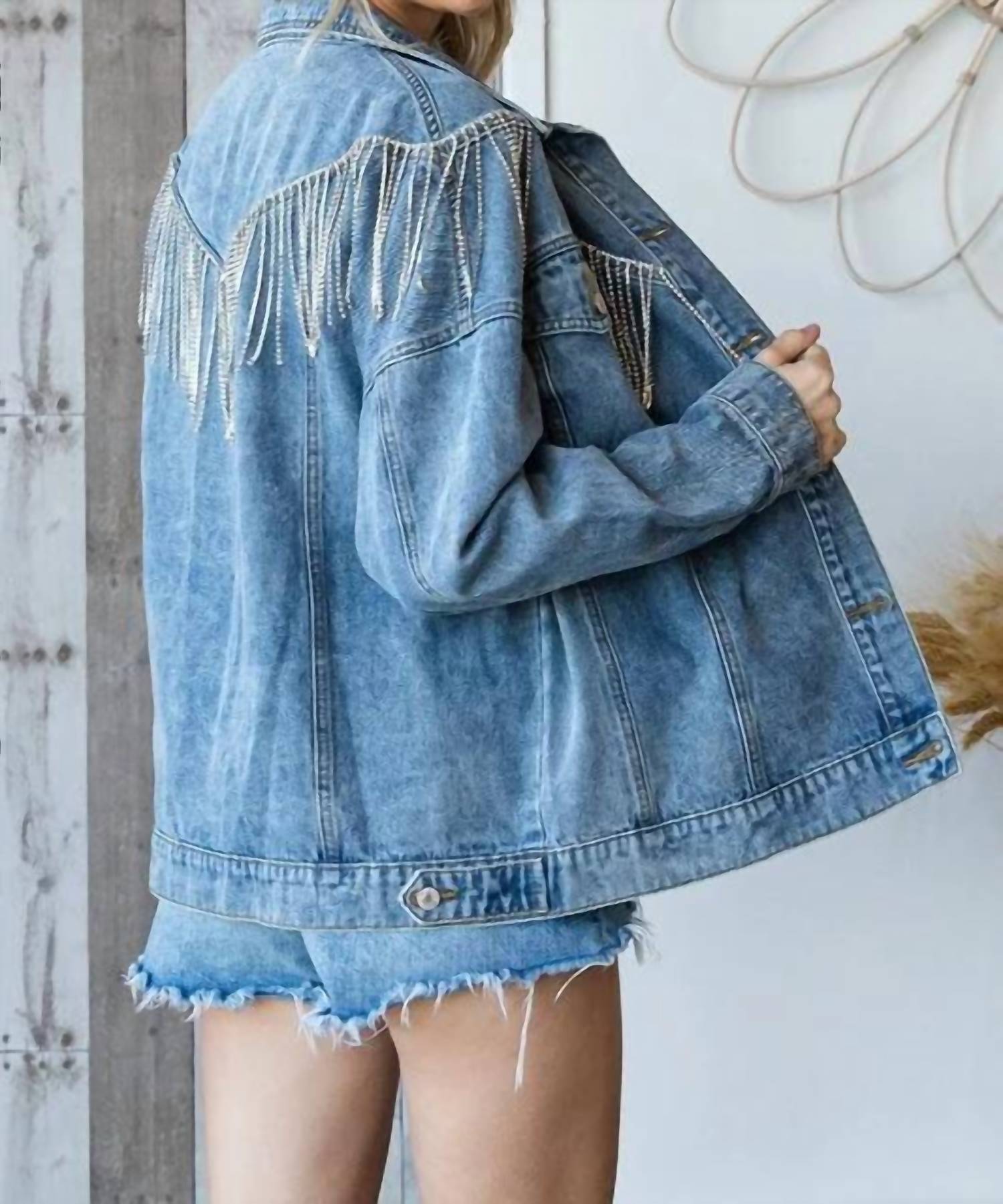 Veveret - Rhinestone Fringe Denim Jacket