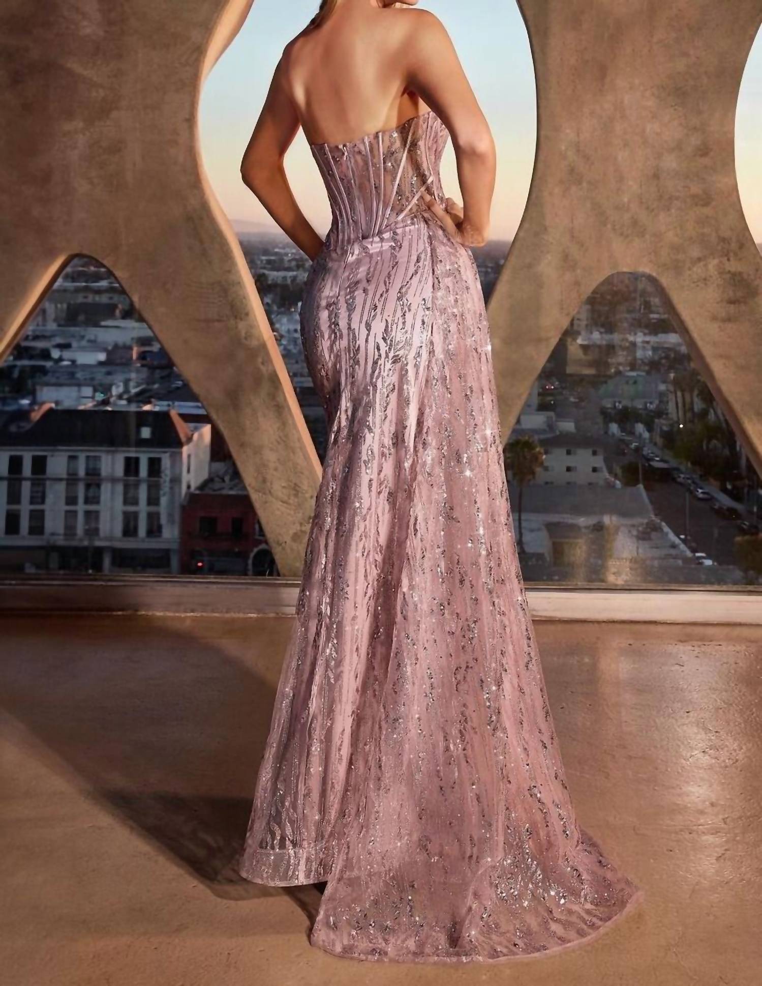 Cinderella Divine - Fitted Glitter Print Strapless Slit Gown