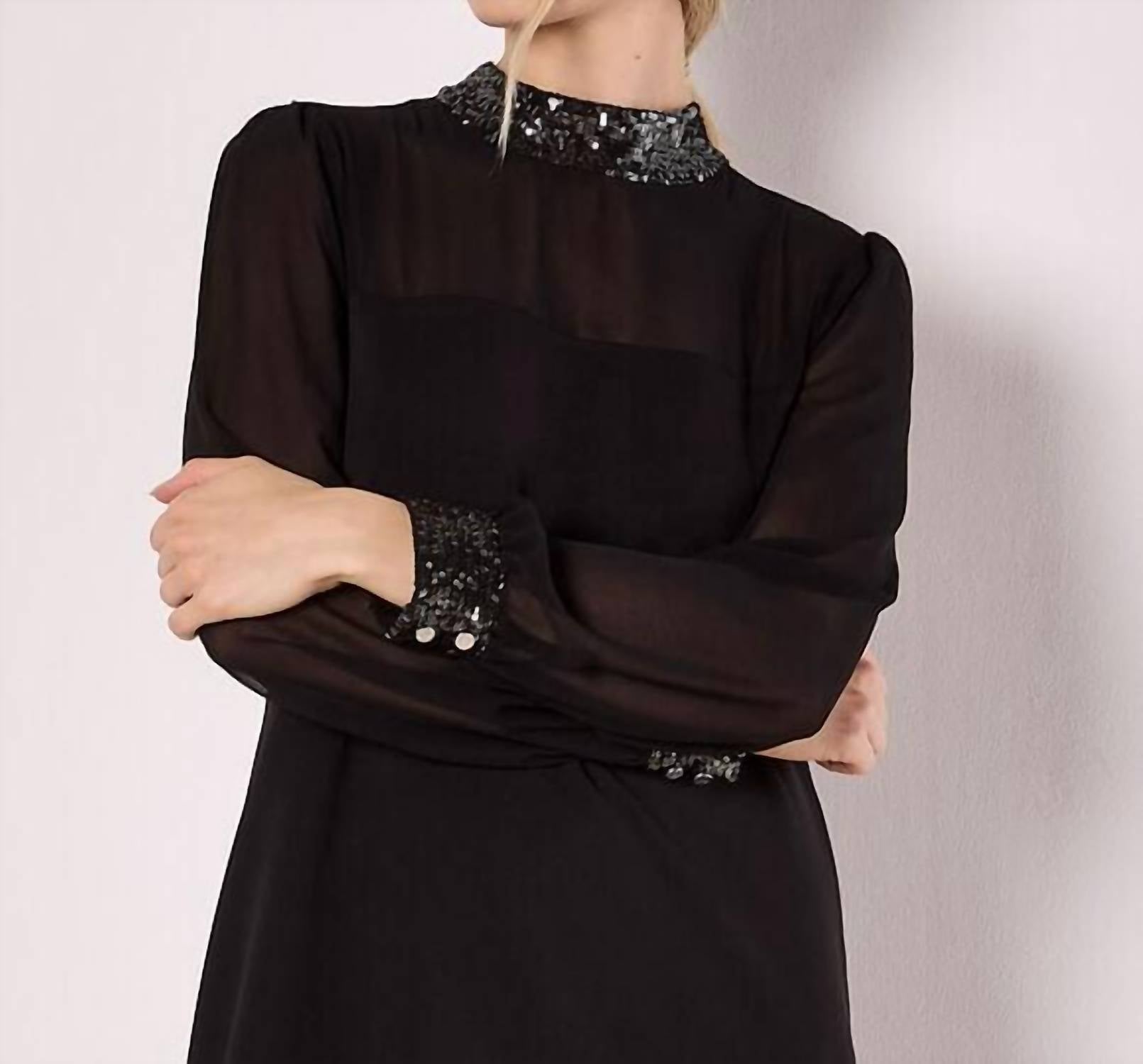 Apricot - Sequin Mock Neck Long Sleeve Mini Dress
