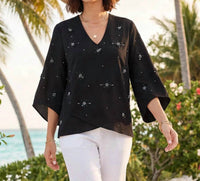 Karen Kane - Bracelet Sleeve Embellished Asymmetric Top - Petite