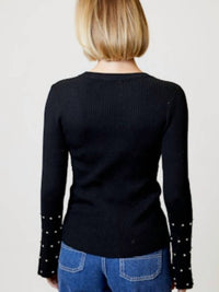 DESIGN HISTORY Fine Gauge Embellished Sleeve Top in black - women's sweater - detail view