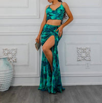 Surelymine - Dipped In Ruching Maxi Skirt Set With Plunging Slit