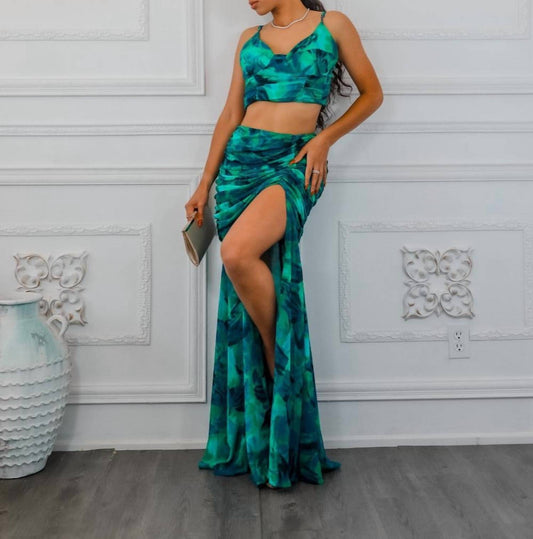 Surelymine - Dipped In Ruching Maxi Skirt Set With Plunging Slit