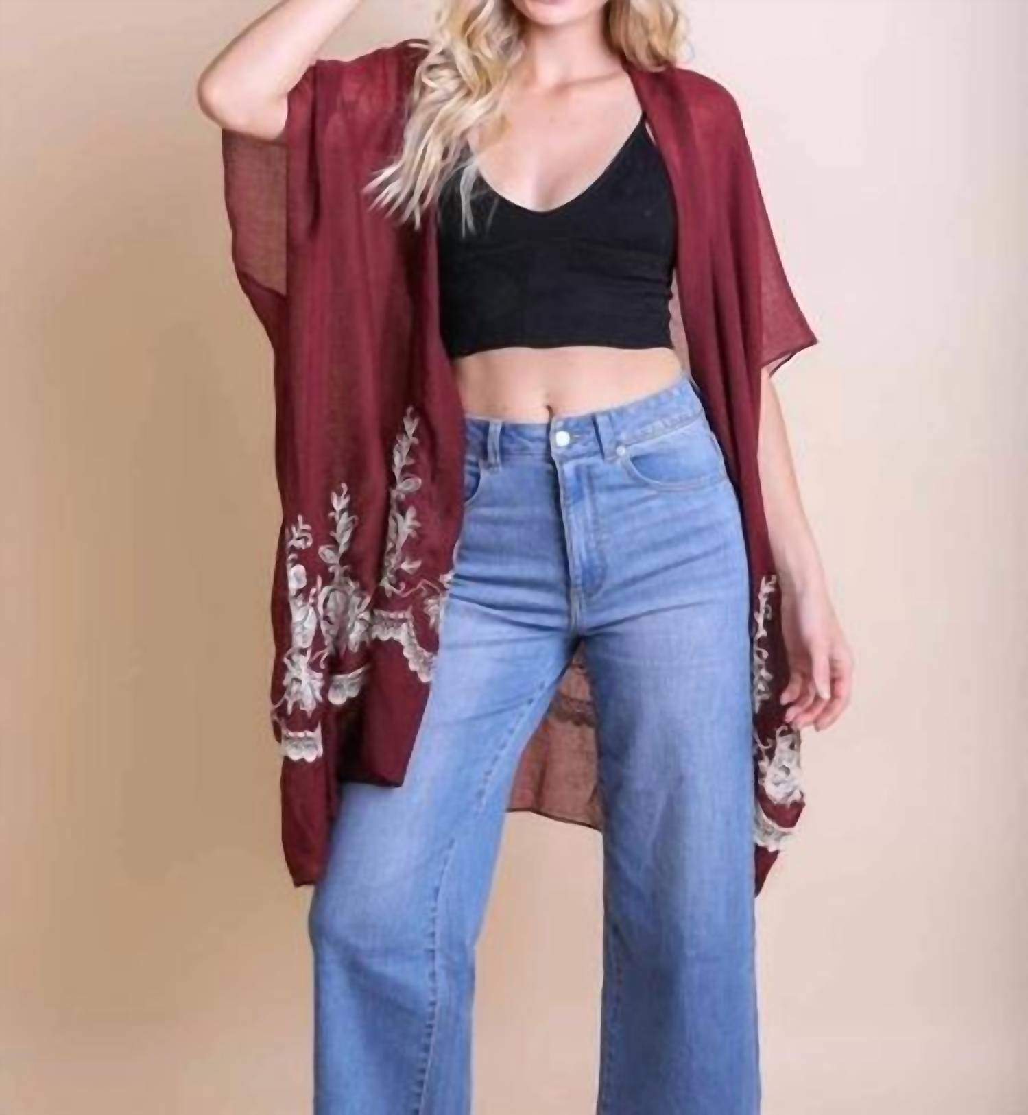 Leto - Lightweight Floral Embroidered Tassels Boho Festival Kimono Wrap