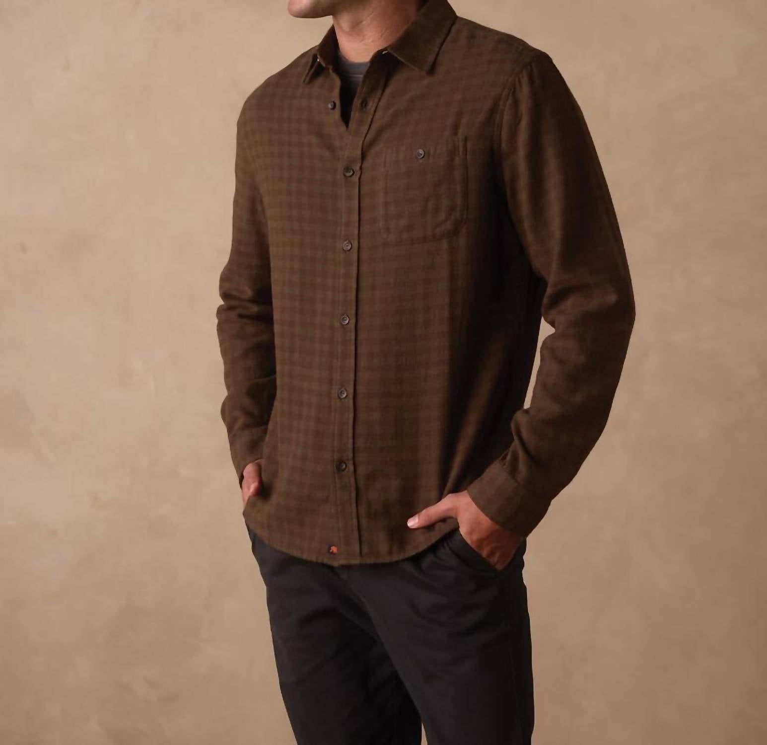 The Normal Brand Hudson Double Brushed Flannel Shirt in olive plaid - men's shirt - detail view