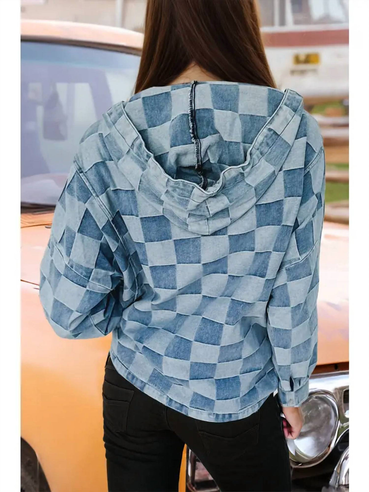Fashionworks - Checkered Zipped Neck Kangaroo Pocket Denim Hoodie