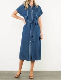 THML Short Sleeve Button Up Midi Dress in blue - women's dress - detail view