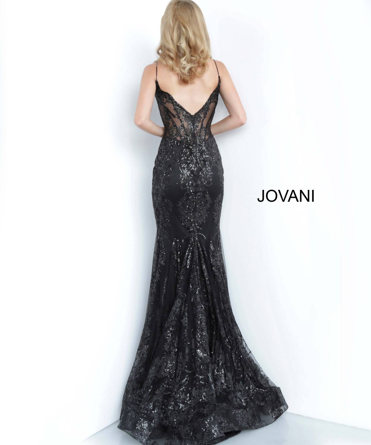 JOVANI Glitter Mermaid Gown in black - women's dress - detail view
