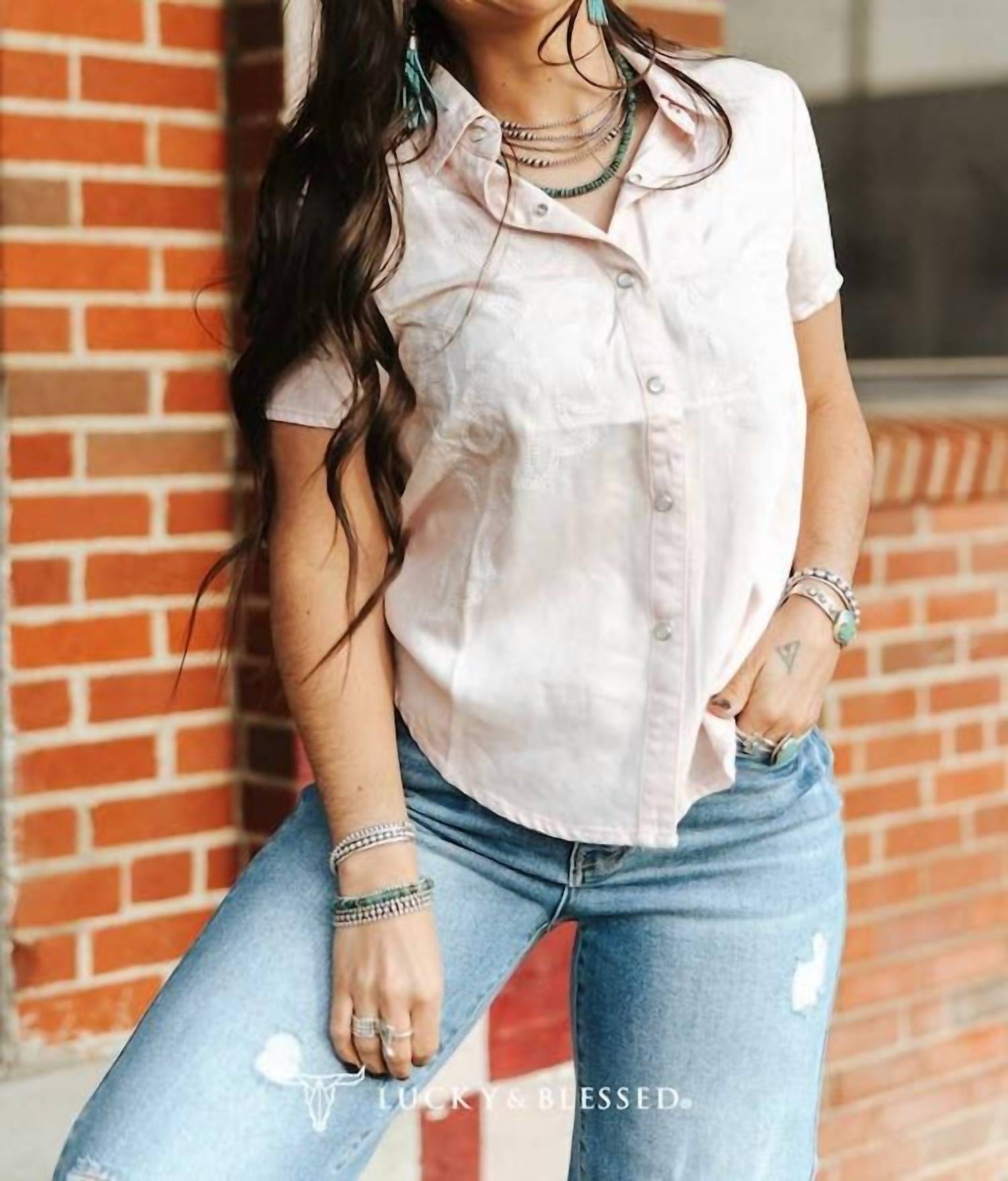 Lucky & Blessed - Embroidered Pearl Snap Short Sleeve Western Shirt