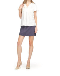 Papillon - Stretch Eyelet Short Sleeve Top With Lace Trim