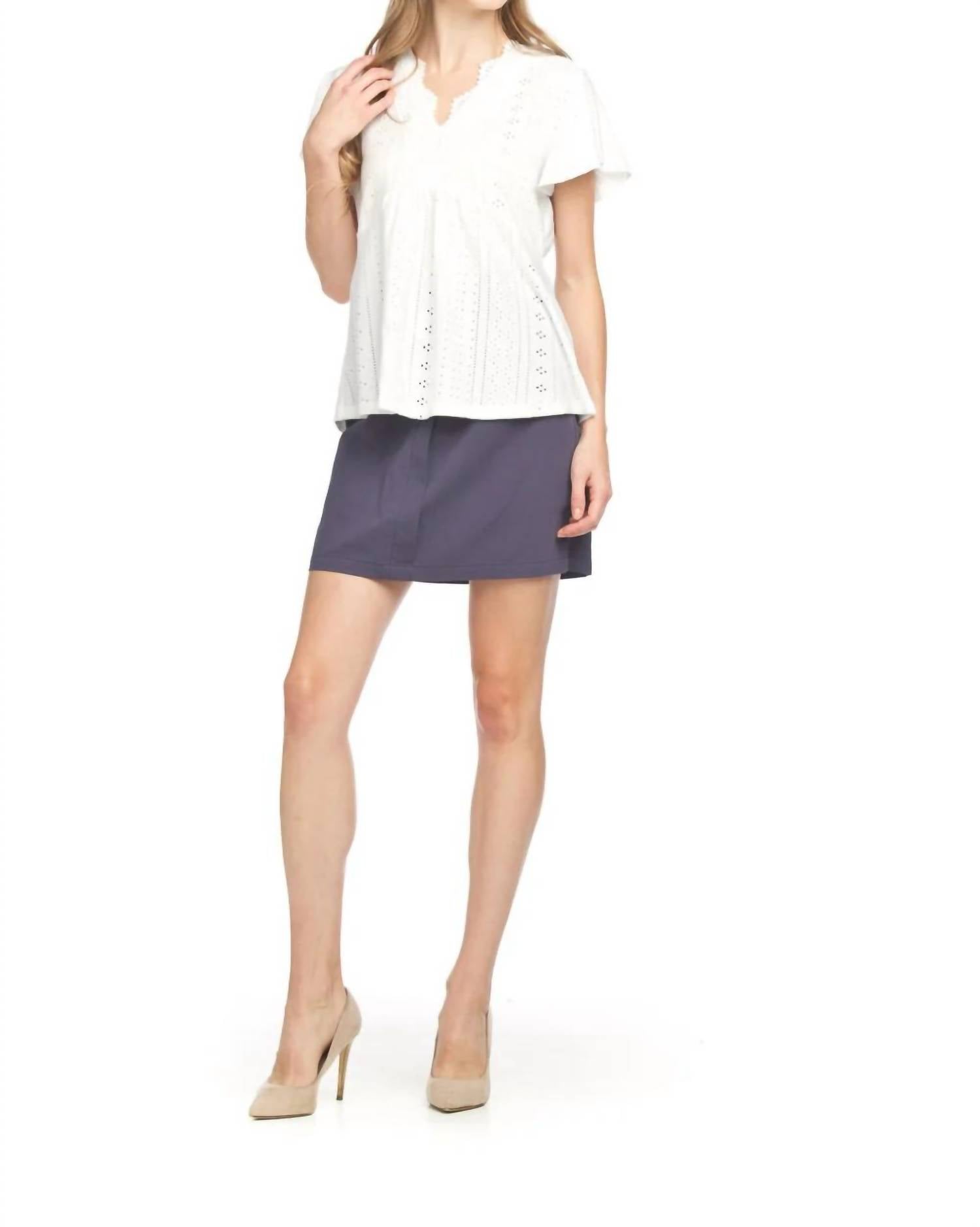 Papillon - Stretch Eyelet Short Sleeve Top With Lace Trim