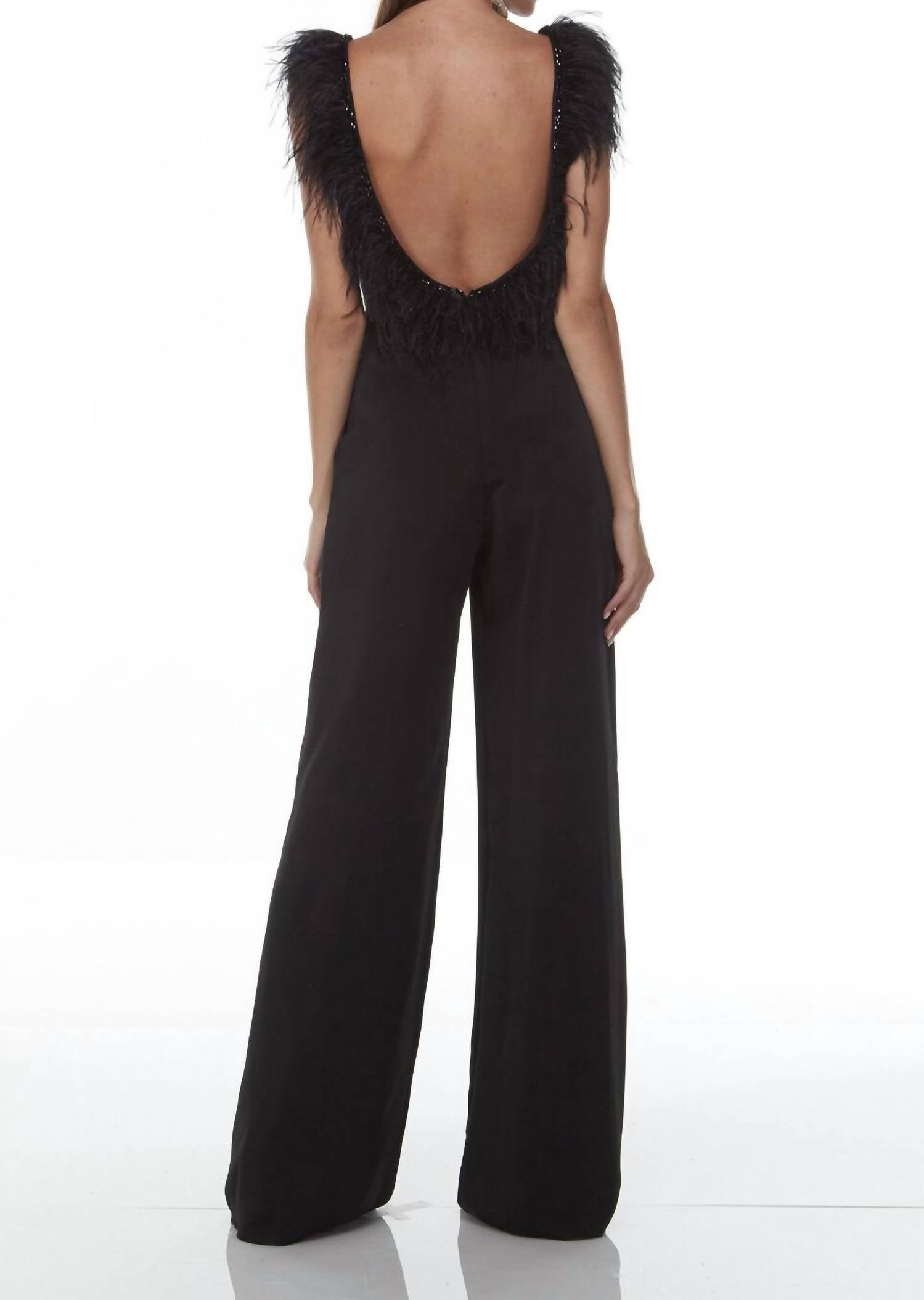 ALYCE PARIS Plunging Neck Open Back Jumpsuit in black - women's pants - detail view