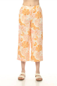 CHARLIE B Women's Pull On Printed Linen Stretch Pants With Elastic At Back Waist in orange - women's pants