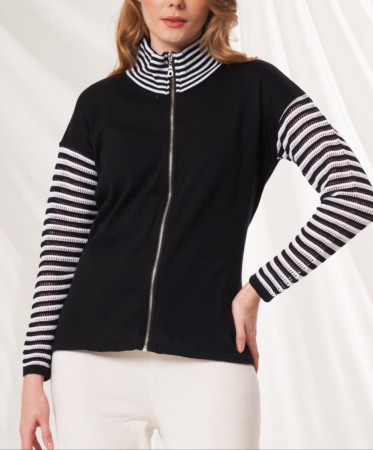 Angel Apparel Stripe Zip Up Knit Top in black white - women's top - detail view