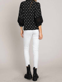 Cerule - Bracelet Sleeve with Embroidered Eyelet Lace Trim Blouse