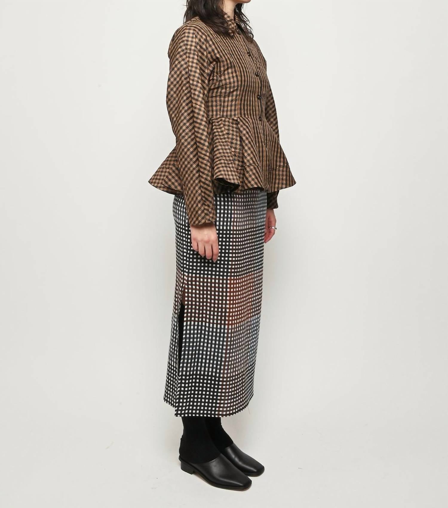 Ganni - Crinkled Taffeta Check Peplum Shirt