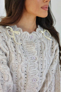Miou Muse - Emilia Scalloped Cable Knit Balloon Sleeve Cardigan