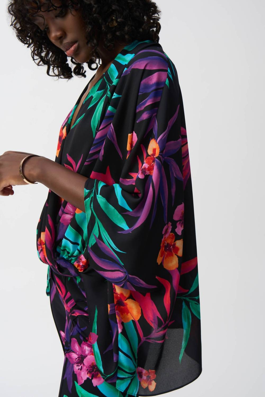 Joseph Ribkoff Draped Faux Wrap Top in black multi - women's blouse - detail view