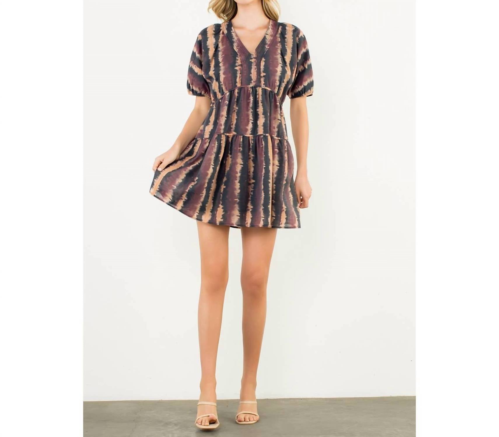 THML Pleated Trim Puff Sleeve Tie Dye Dress in wine - women's dress - view 4