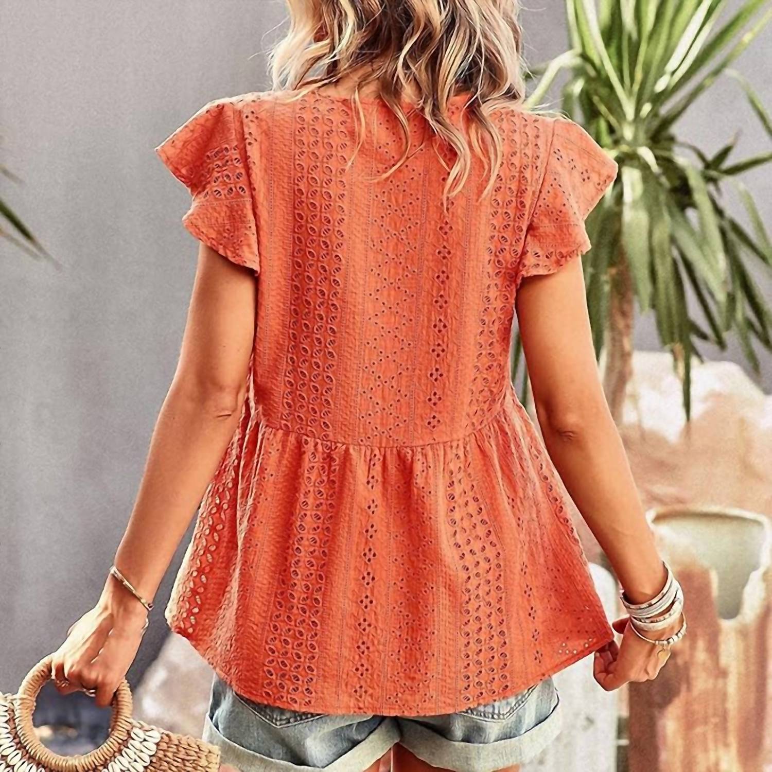 COCO + CARMEN Zendaya Eyelet Peplum Top in orange - women's blouse - alternate view