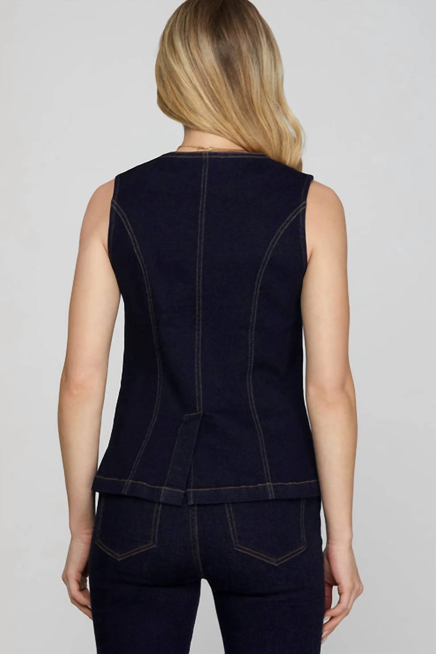 SHE + SKY Stretched Blazer Vest in dark denim - women's blouse - detail view