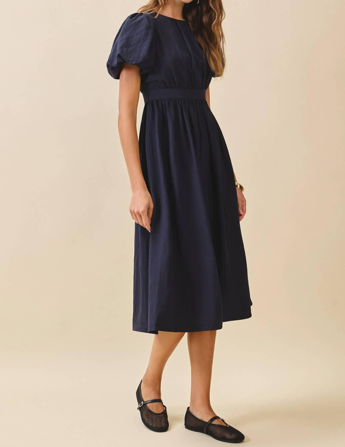 TCEC Puff Sleeve Midi Dress in navy - women's dress - detail view