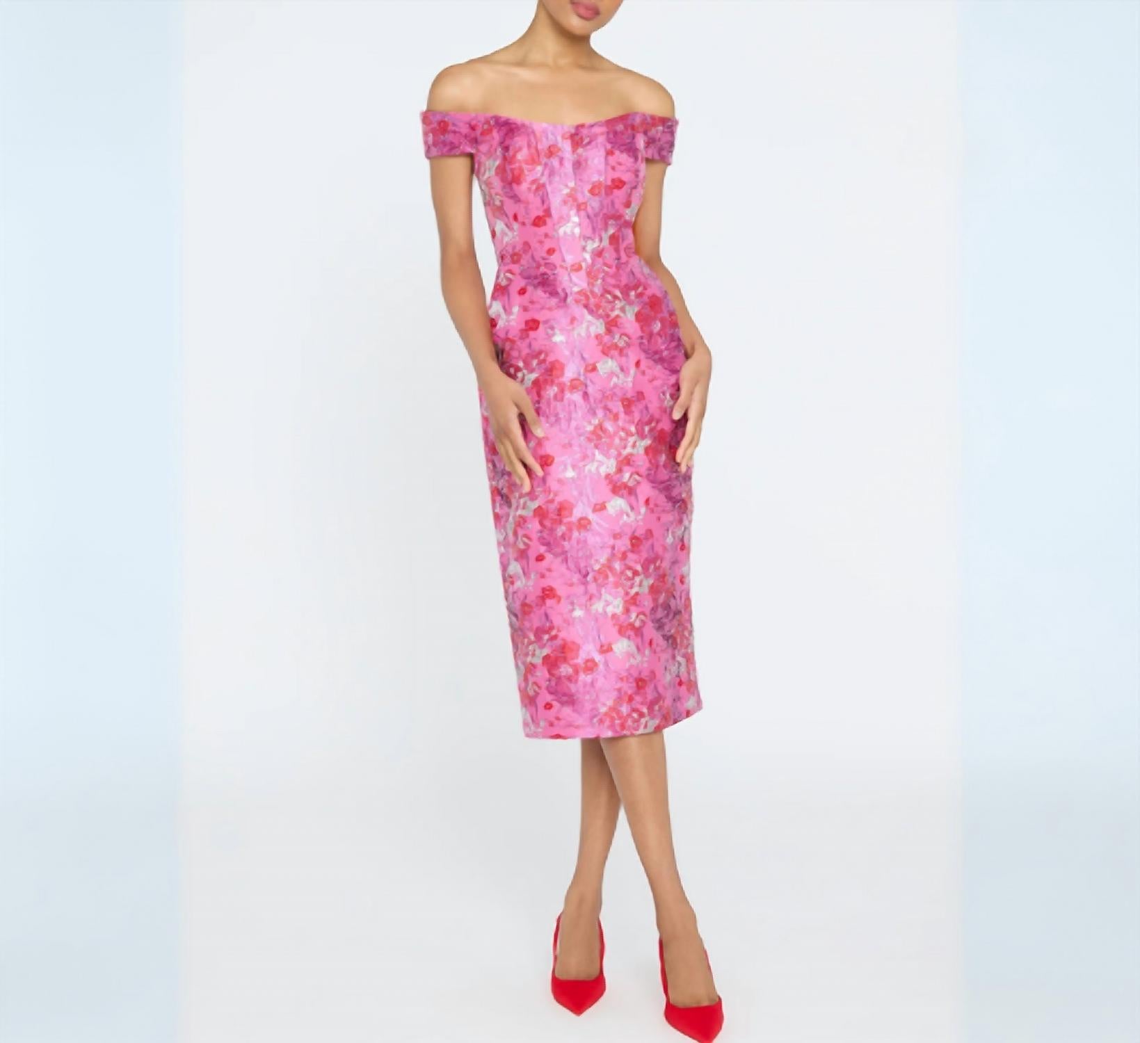 THEIA Off The Shoulder Midi Dress in sweetheart pink - women's dress