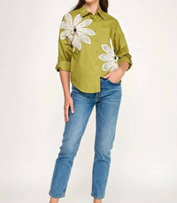 Pastel Design - Long Sleeve Floral Button Front Top
