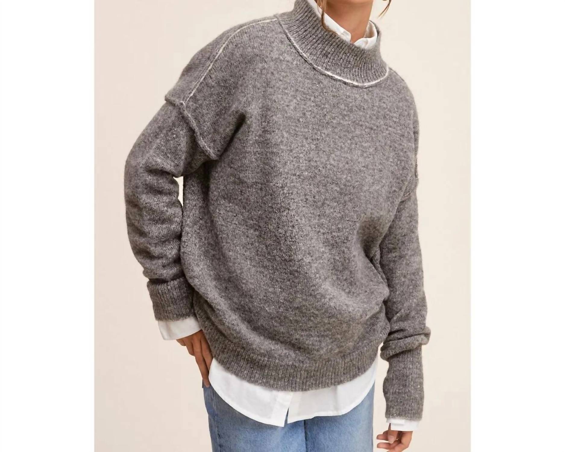 La Miel - Loose Fit Mock Neck Exposed Seaming Detailed Sweater