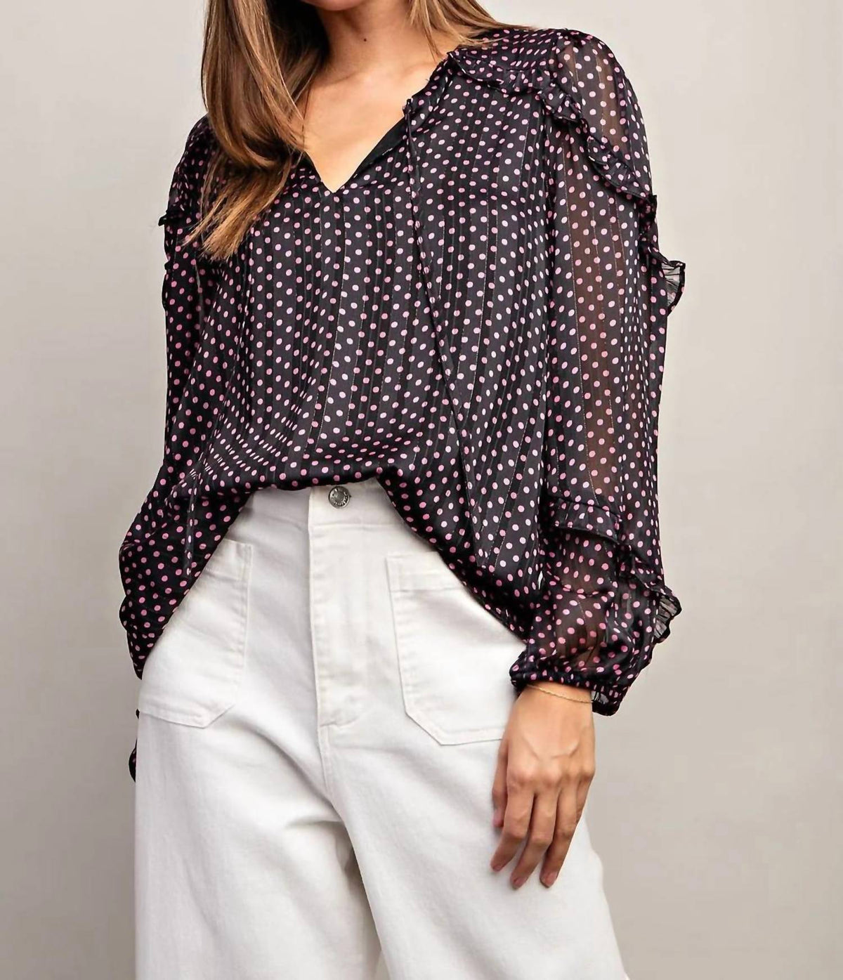 Ee:Some - Polka Dot Semi-sheer Blouse