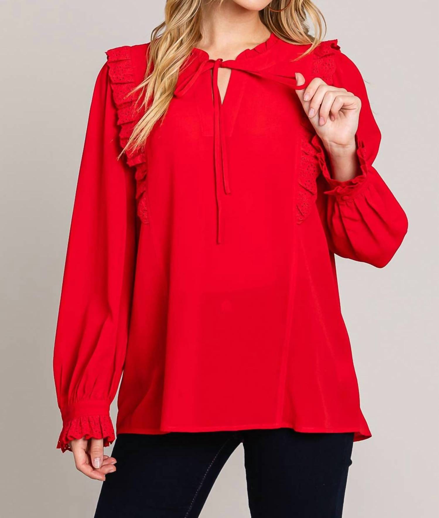 Cotton Bleu - Lace Trim Ruffle Top