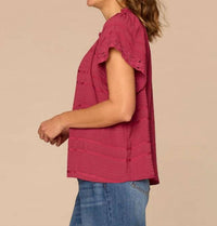 Democracy - Short Sleeve Ruffle Split Neck Embroidered Woven Top