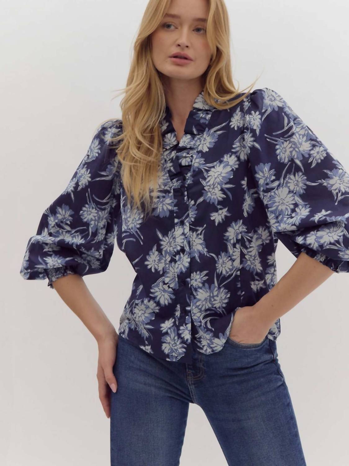 Entro - Floral Ruffle Neck Blouse